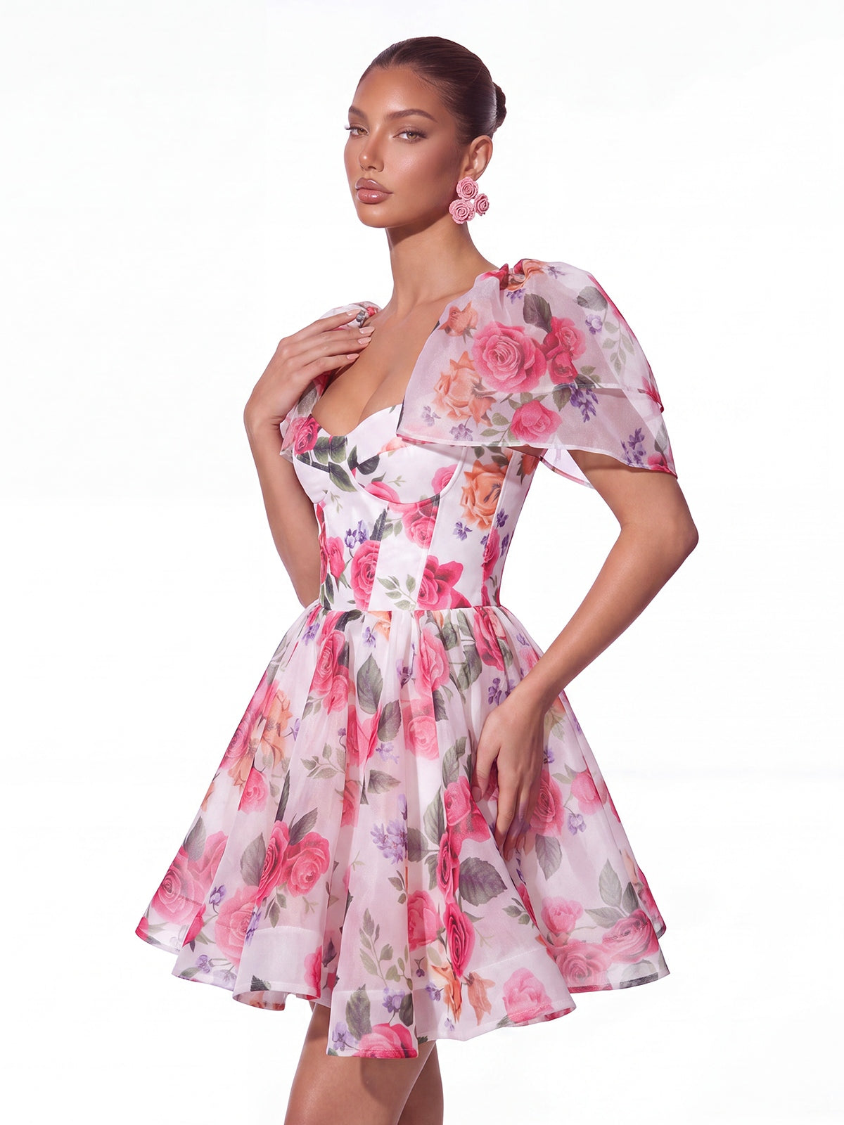 Mini Abito in Organza Floreale con Maniche a Cappotto in Stile Felce