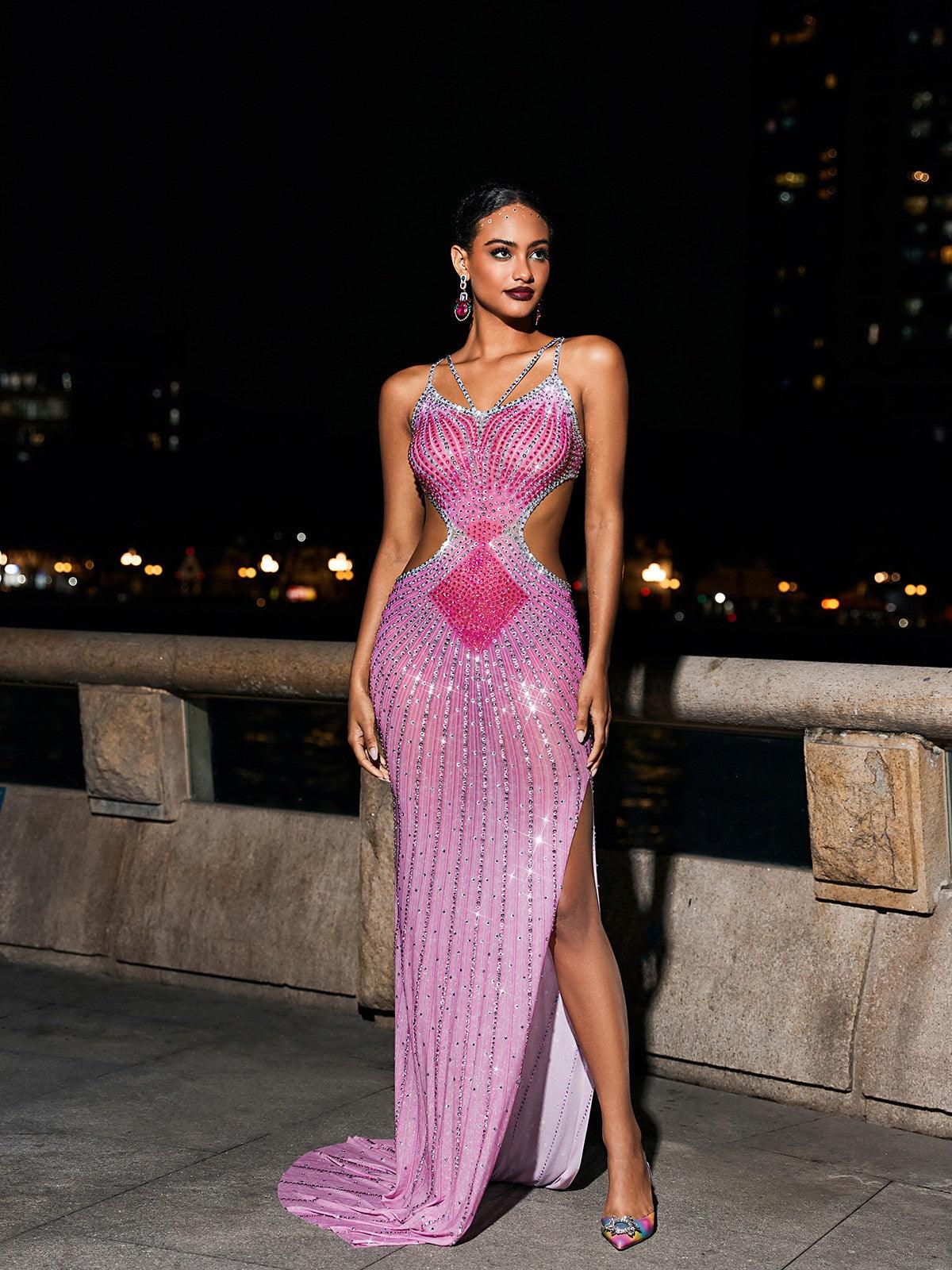 Abito Maxi in Tulle Grigio con Cutout Rosa Fucsia
