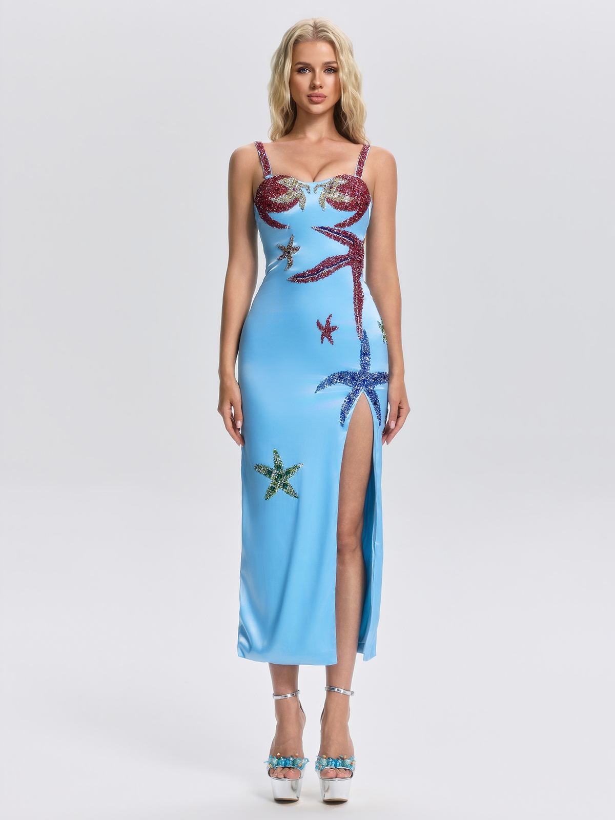 Abito Midi con Spacco e Strass a Forma di Stella di Mare Grimricn