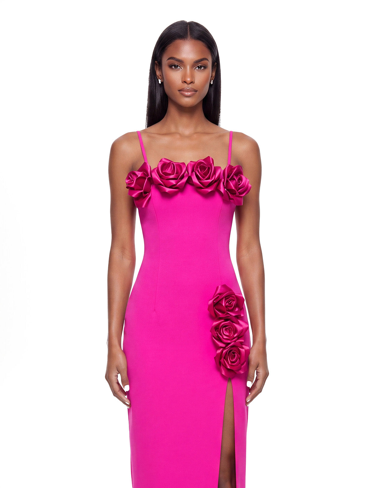 Abito Maxi Mavella a Fiori con Spalline Sottili Rosa Fucsia
