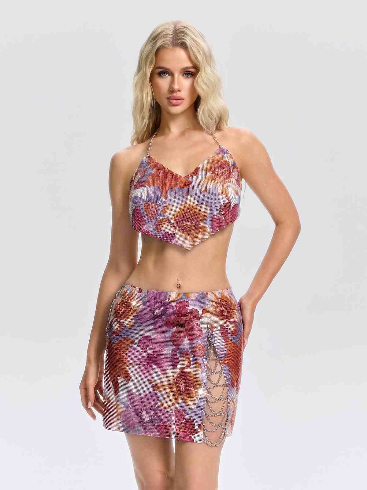 Set Gonna Floreale in Maglia Uveria con Scollo a V e Dettagli a Catena