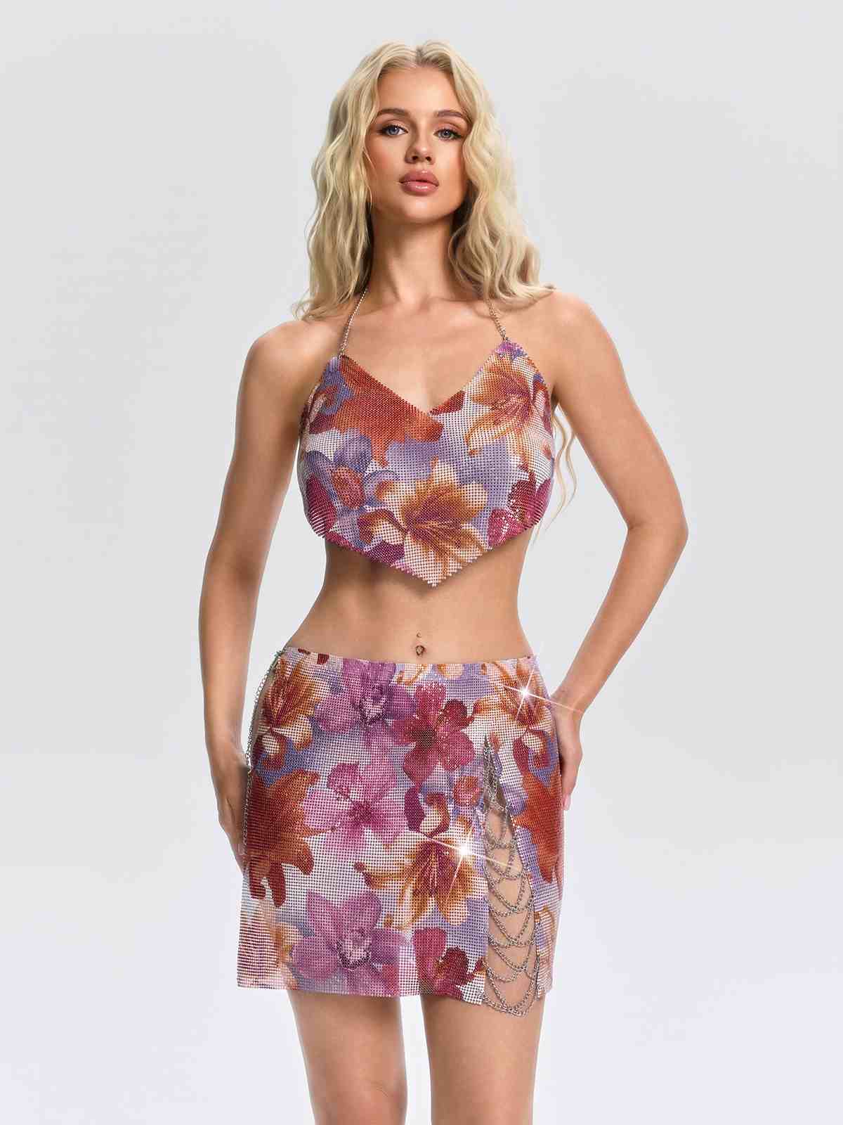 Set Gonna Floreale in Maglia Uveria con Scollo a V e Dettagli a Catena