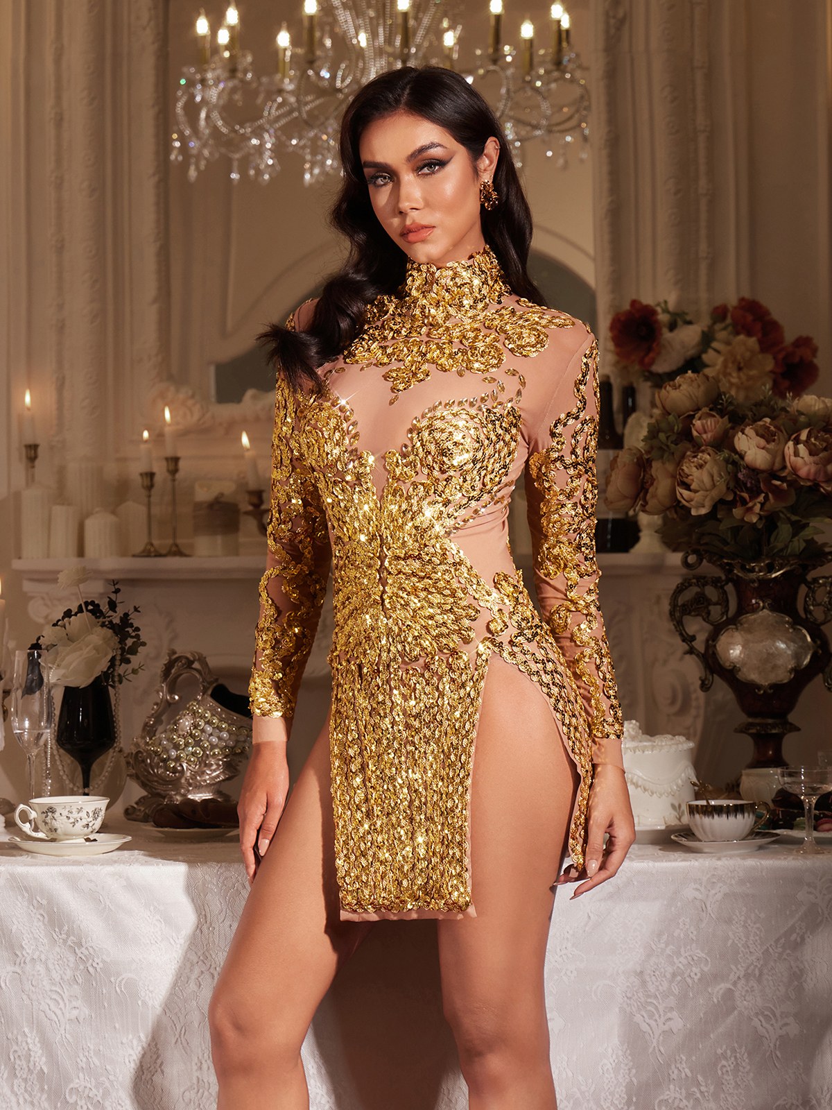 Mini Abito in Rete con Paillettes Dorate Zoravell