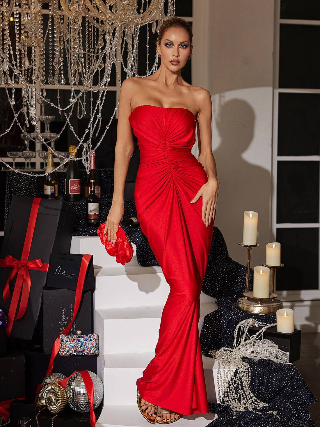 Abito Maxi in Raso Arricciato Allaire Senza Spalline