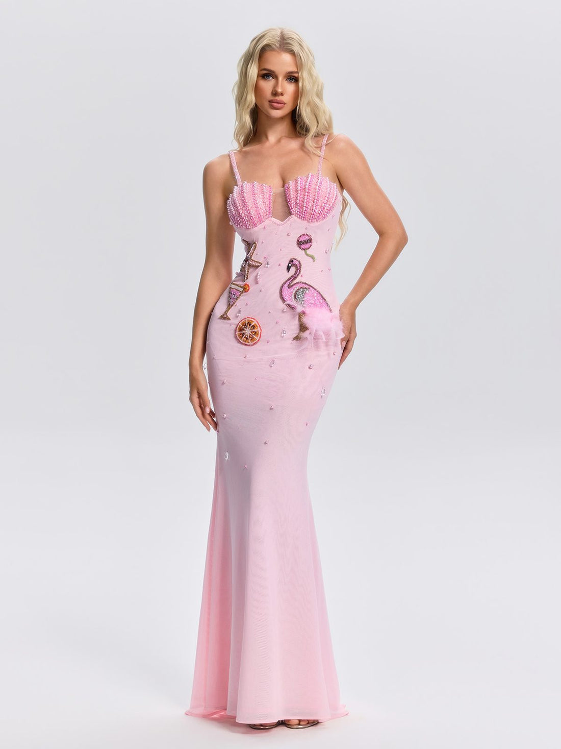 Abito Maxi Belmira in Satin con Strass e Perle