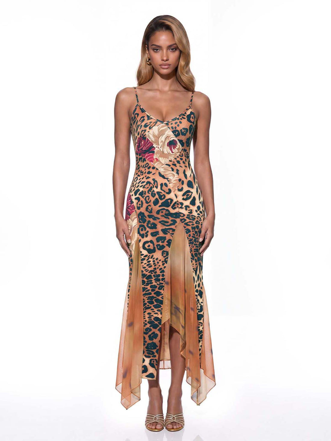 Abito Midi con Stampa Leopardata e Spaghetti Bryna