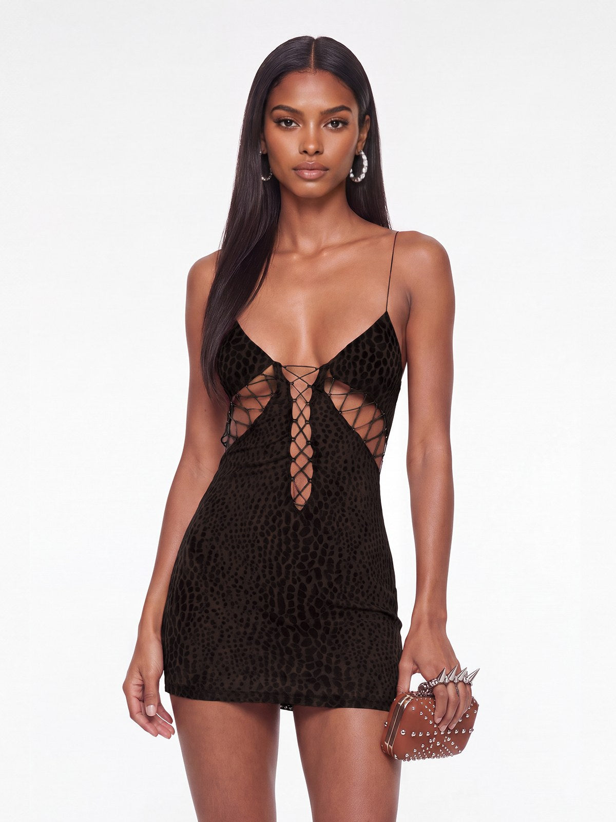 Abito Mini Leopardato Nero Senza Schiena con Lacci Exvira