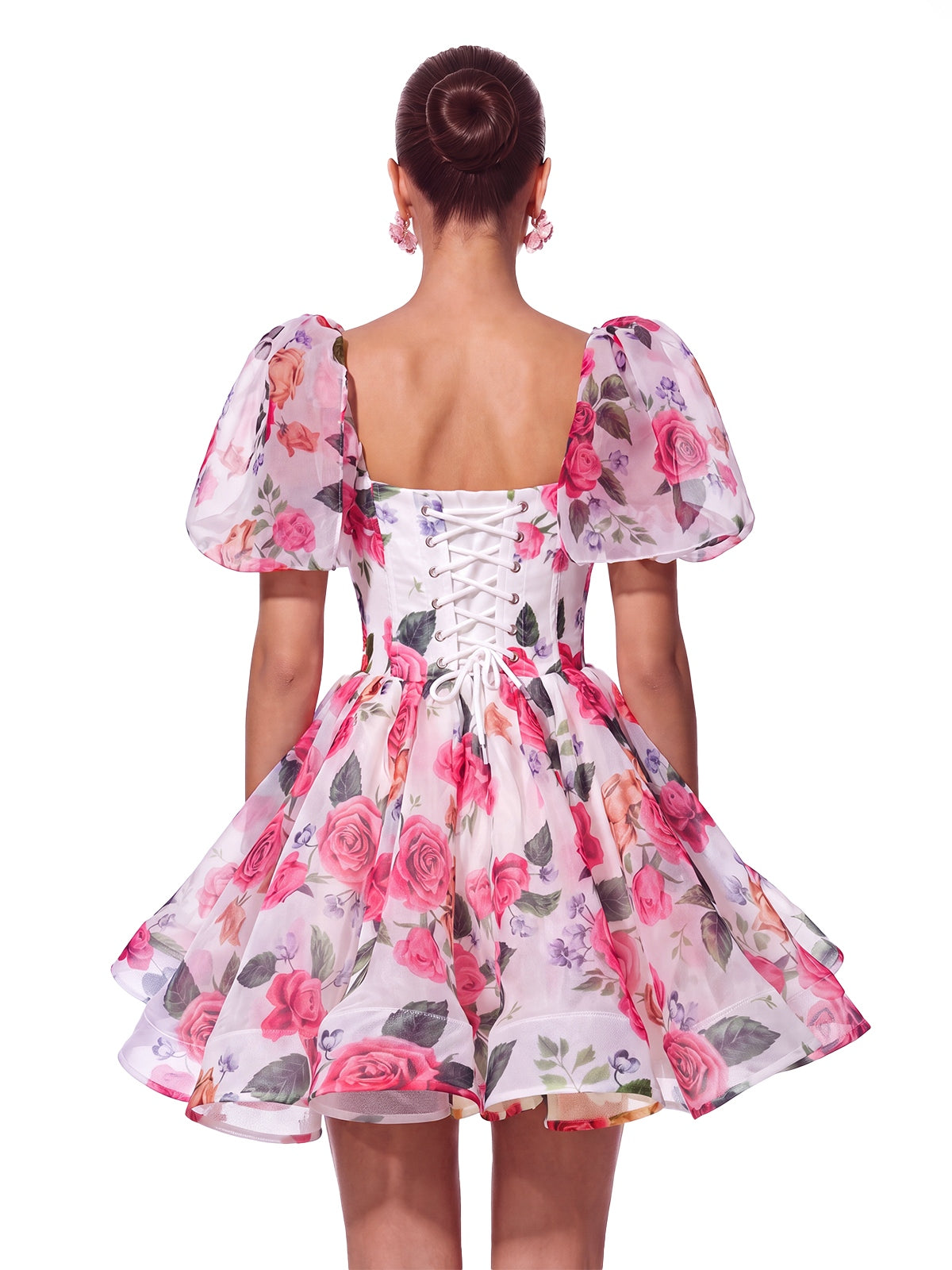Mini Abito in Organza Floreale con Maniche a Cappotto in Stile Felce