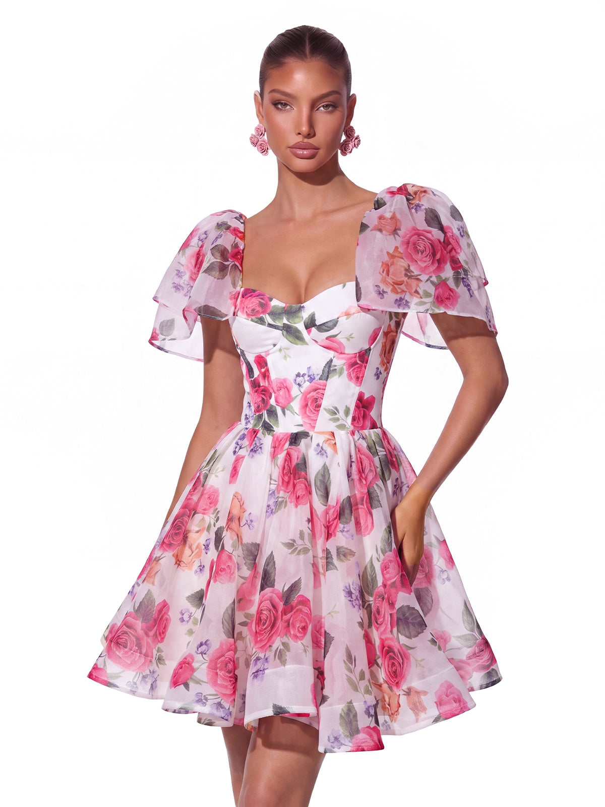 Mini Abito in Organza Floreale con Maniche a Cappotto in Stile Felce