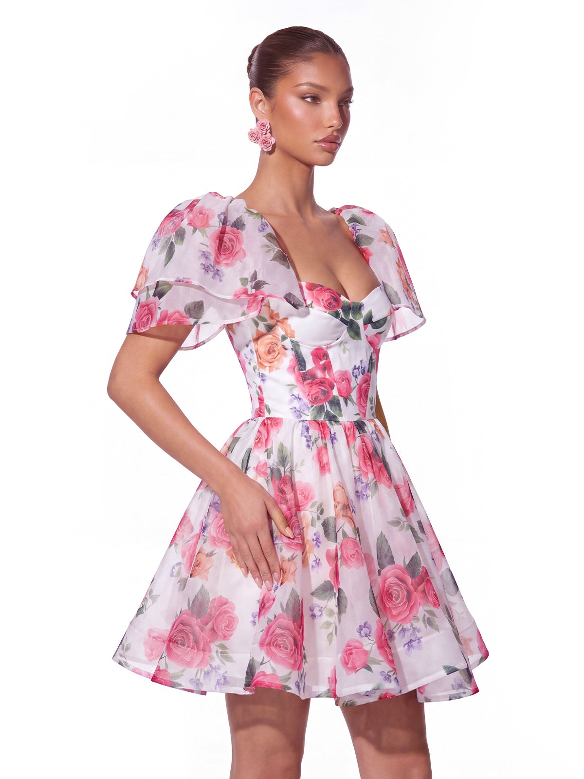 Mini Abito in Organza Floreale con Maniche a Cappotto in Stile Felce