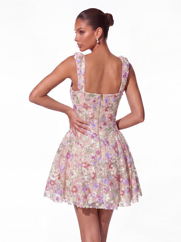 Abito Mini Senza Maniche con Paillettes e Fiori Freja