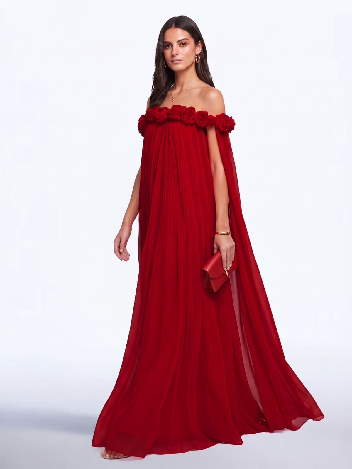 Abito Maxi Plissettato con Fiori Grythal in Rosso