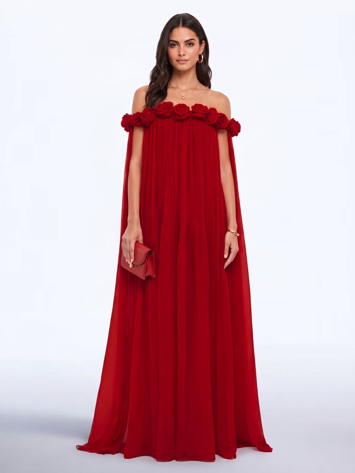 Abito Maxi Plissettato con Fiori Grythal in Rosso