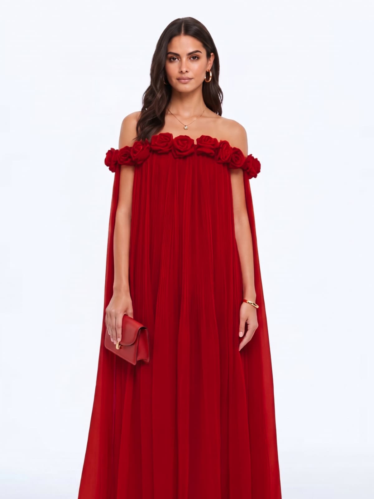 Abito Maxi Plissettato con Fiori Grythal in Rosso