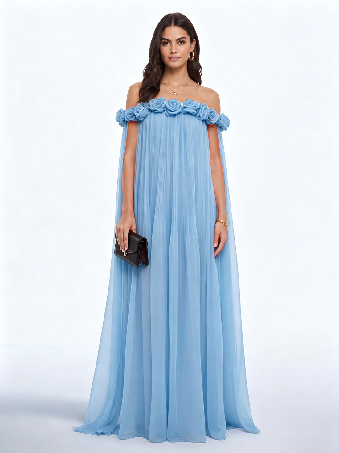Abito Maxi Plissettato Blu con Fiori Grythal