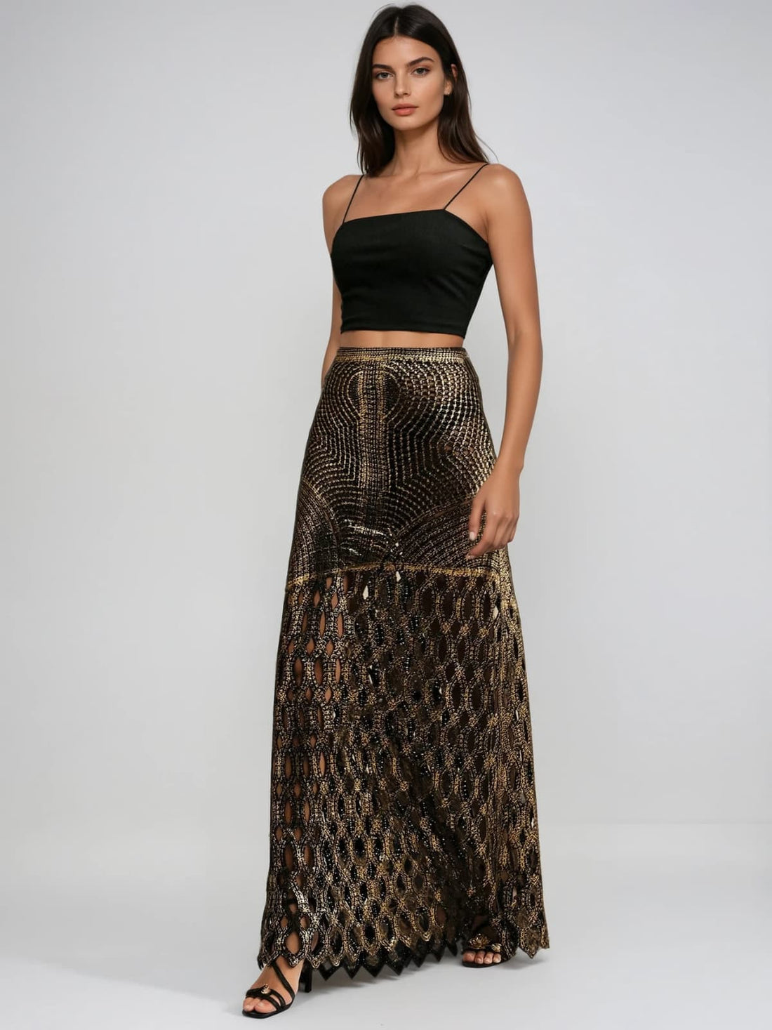 Gonna Metallizzata Leldrin con Cutout Nero e Oro