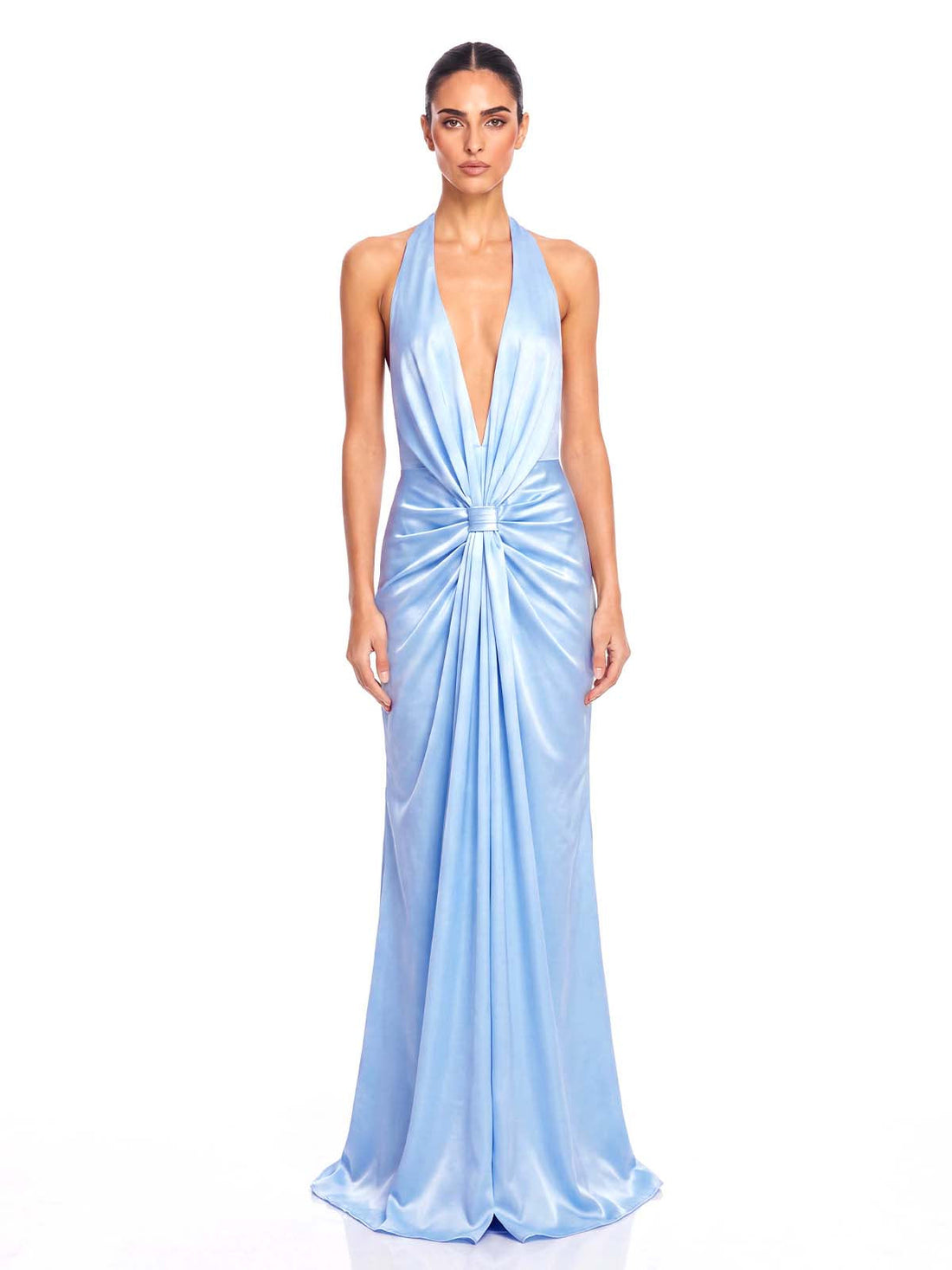 Abito Maxi in Satin Azzurro Chiaro con Scollatura Profonda Leoran