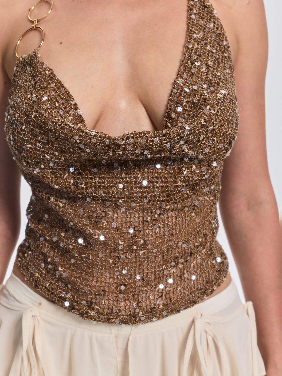 Top Liebke a Collo Alto con Paillettes