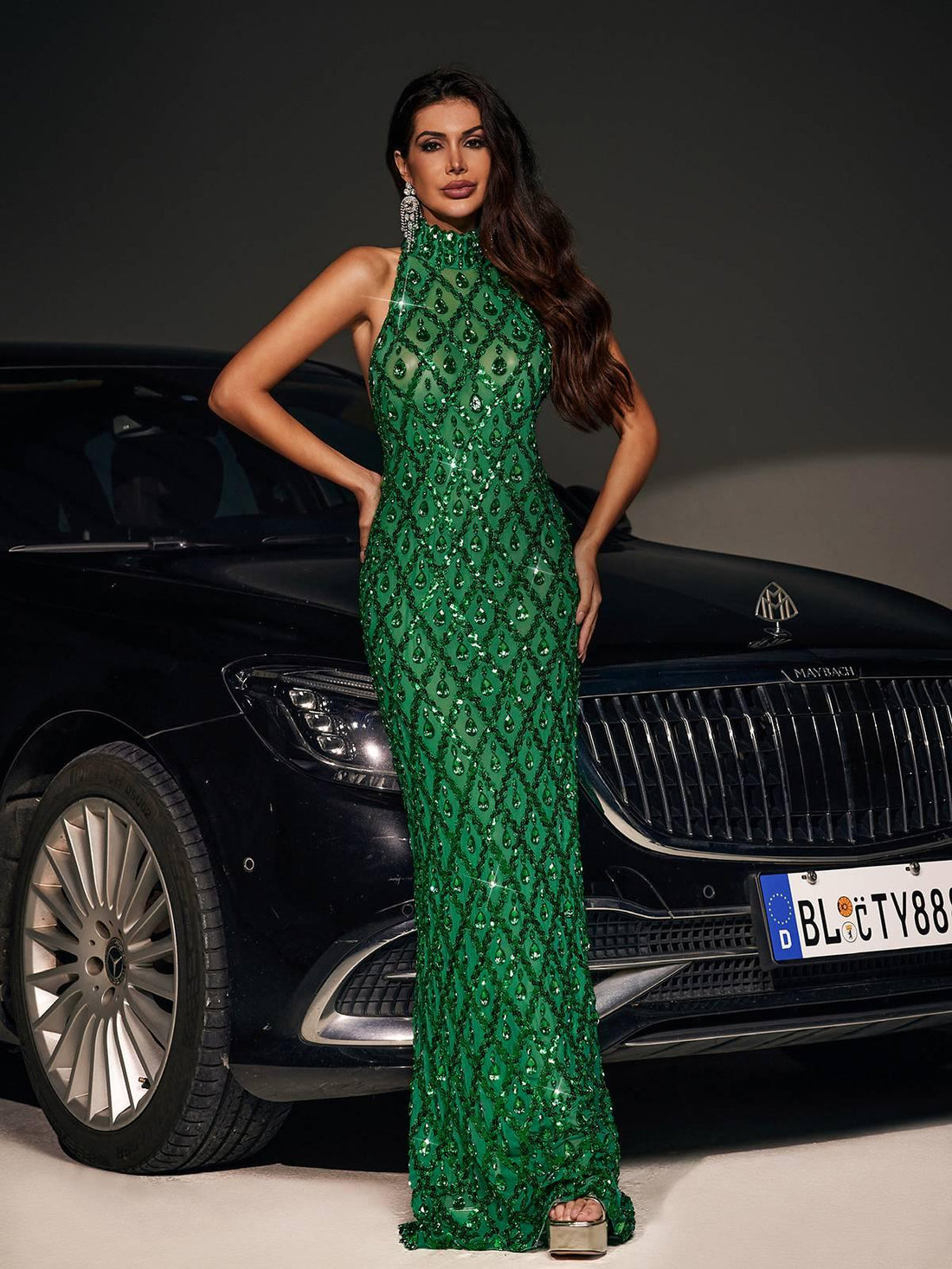 Abito Maxi Liora in Paillettes e Cristalli Verde