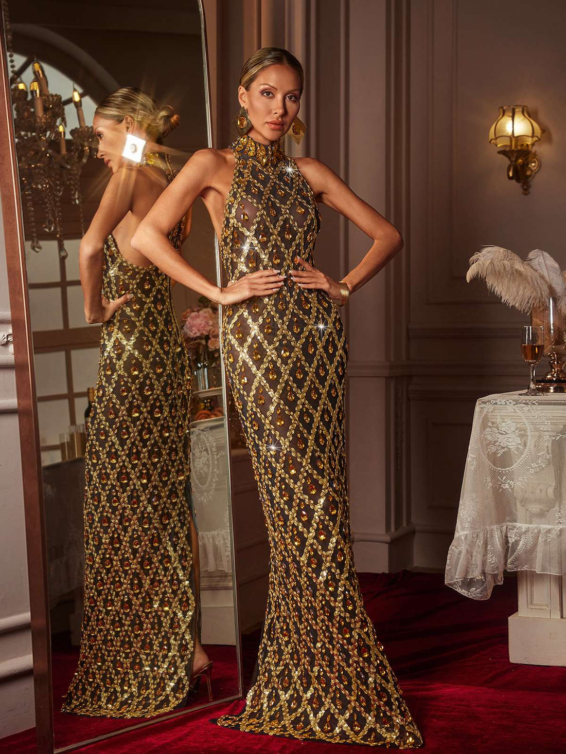 Abito Maxi Liora in Paillettes e Cristalli Oro
