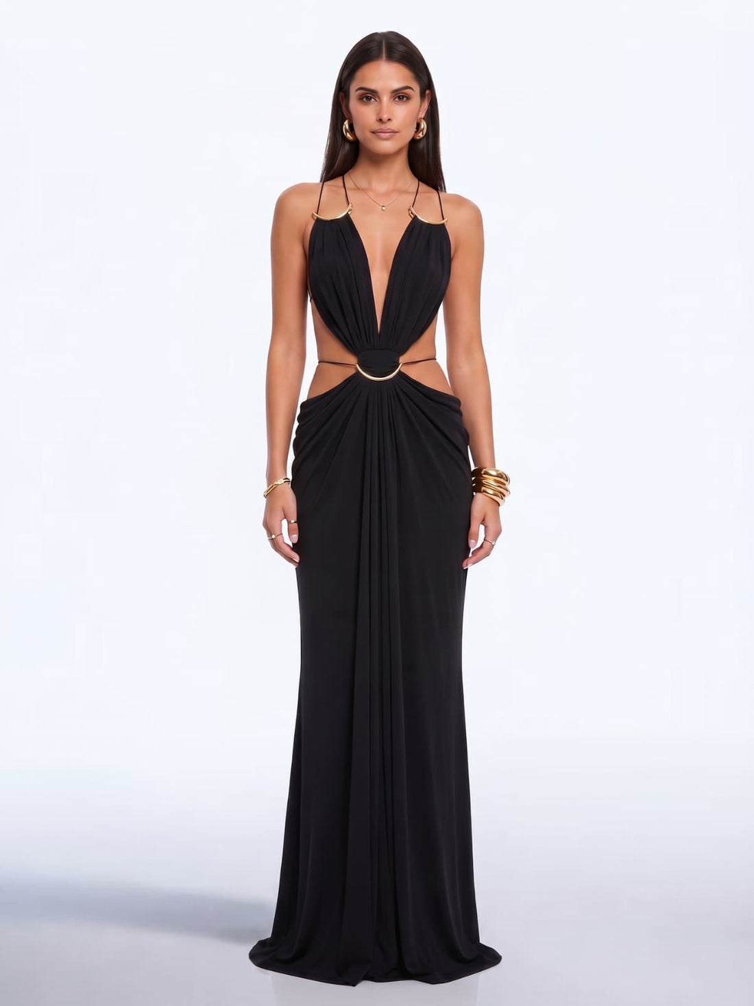 Abito Maxi Lorysa Nero Senza Schiena con Cutout
