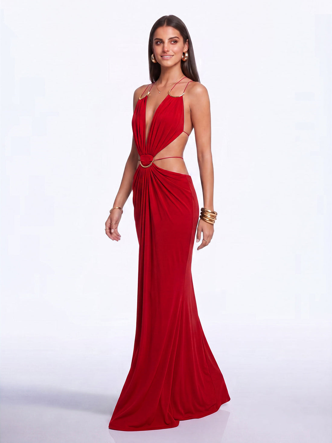Abito Maxi Lorysa Rosso Senza Schiena con Dettagli Cutout