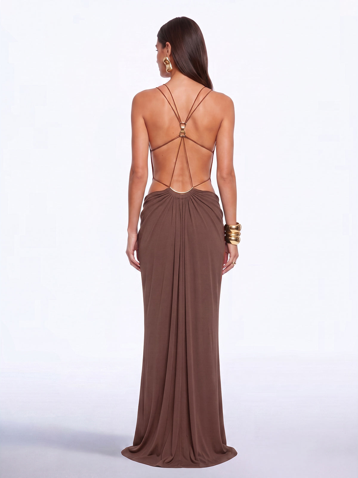 Abito Maxi Lorysa Senza Schienale con Cutout in Marrone