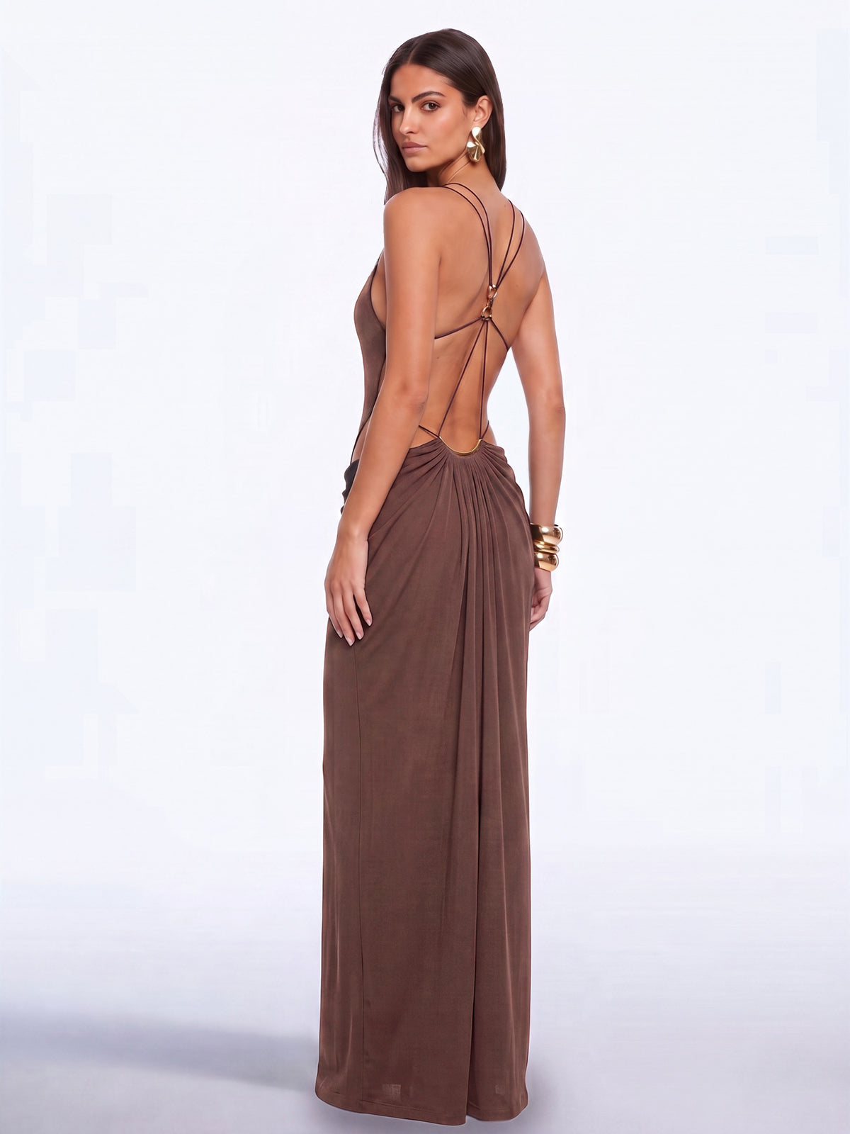 Abito Maxi Lorysa Senza Schienale con Cutout in Marrone