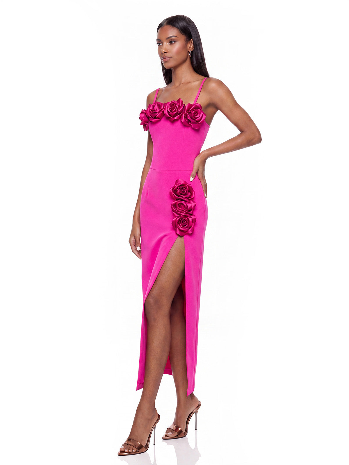 Abito Maxi Mavella a Fiori con Spalline Sottili Rosa Fucsia