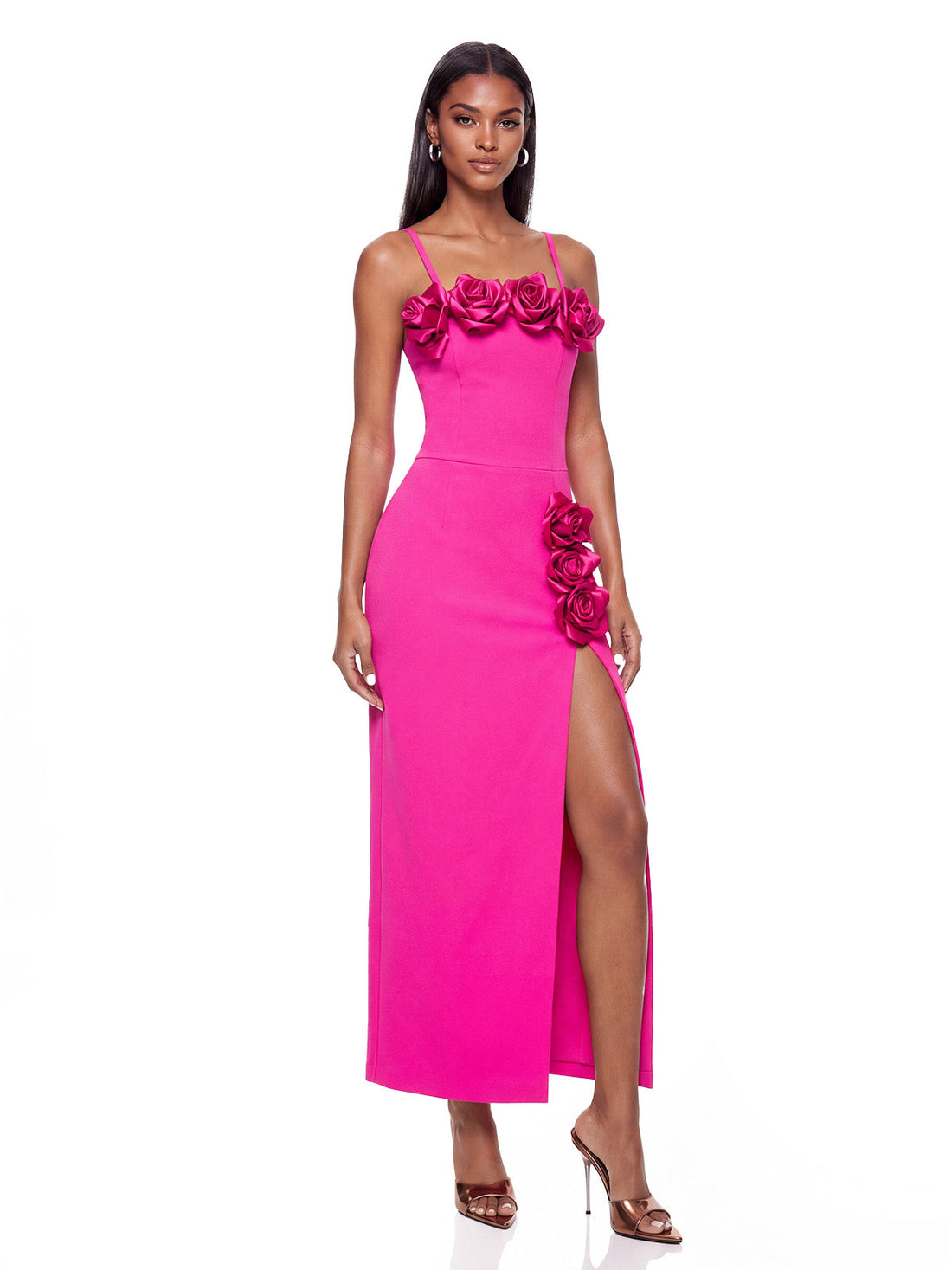 Abito Maxi Mavella a Fiori con Spalline Sottili Rosa Acceso