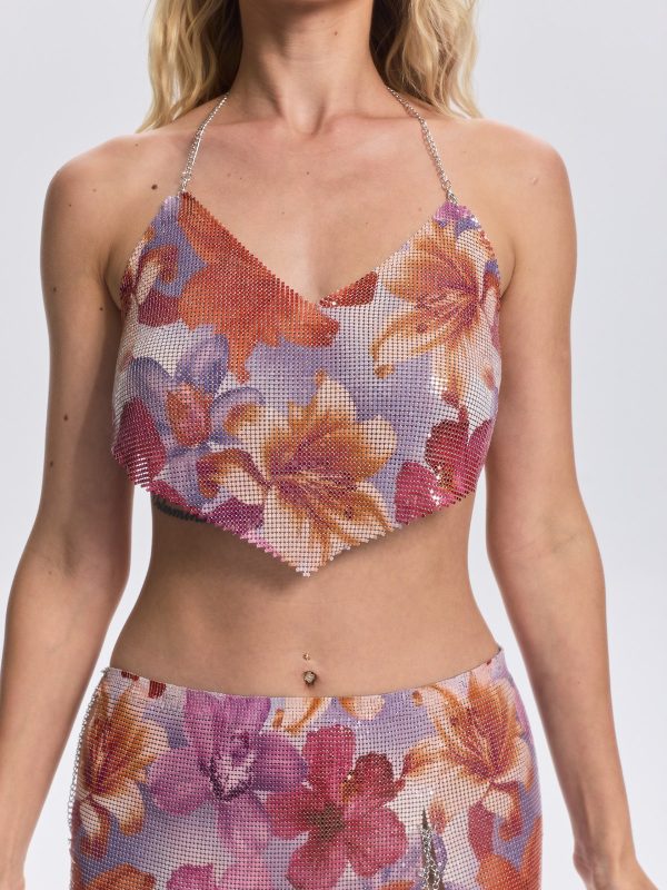 Set Gonna Floreale in Maglia Uveria con Scollo a V e Dettagli a Catena